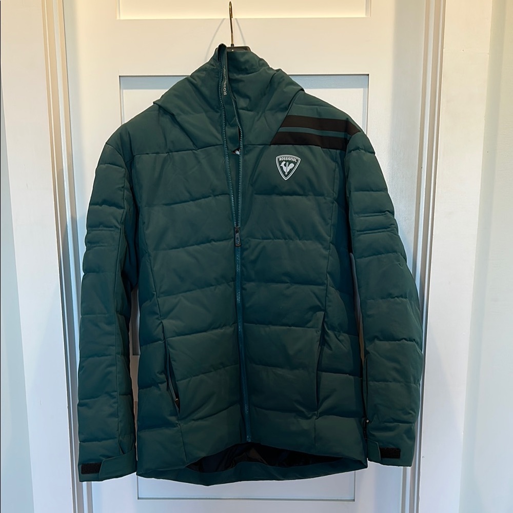 Rossignol Rapide Ski Jacket Deep Teal Quilted Puffer Helmet compatible Hood $275